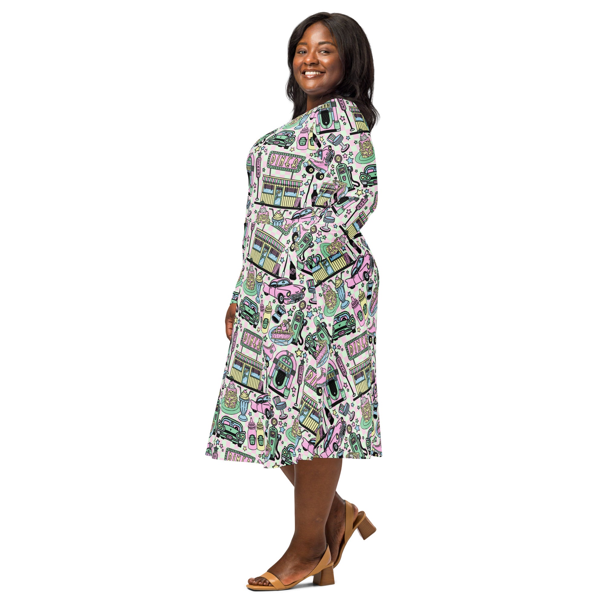 Long Sleeve Pocket Flare Dress - 'Bubblegum Diner'