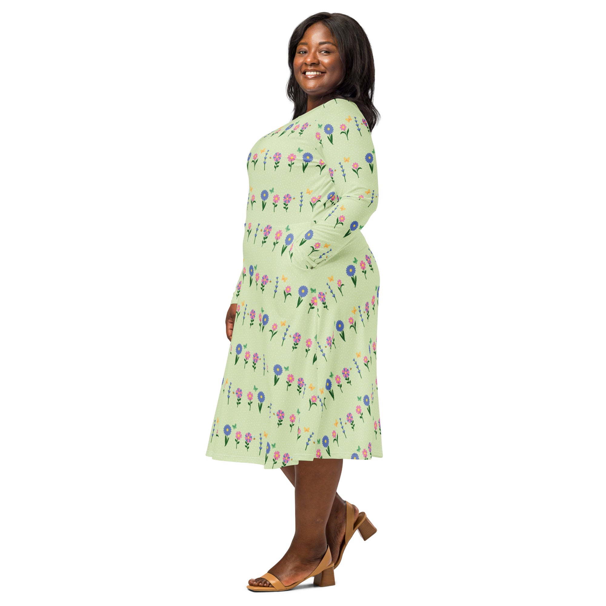 Long Sleeve Pocket Flare Dress - 'Spring Stems'