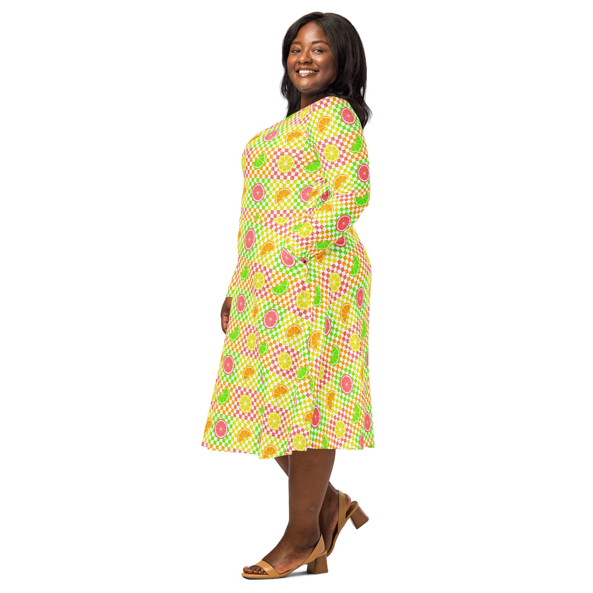 Long Sleeve Pocket Flare Dress - 'Citrus Squares'