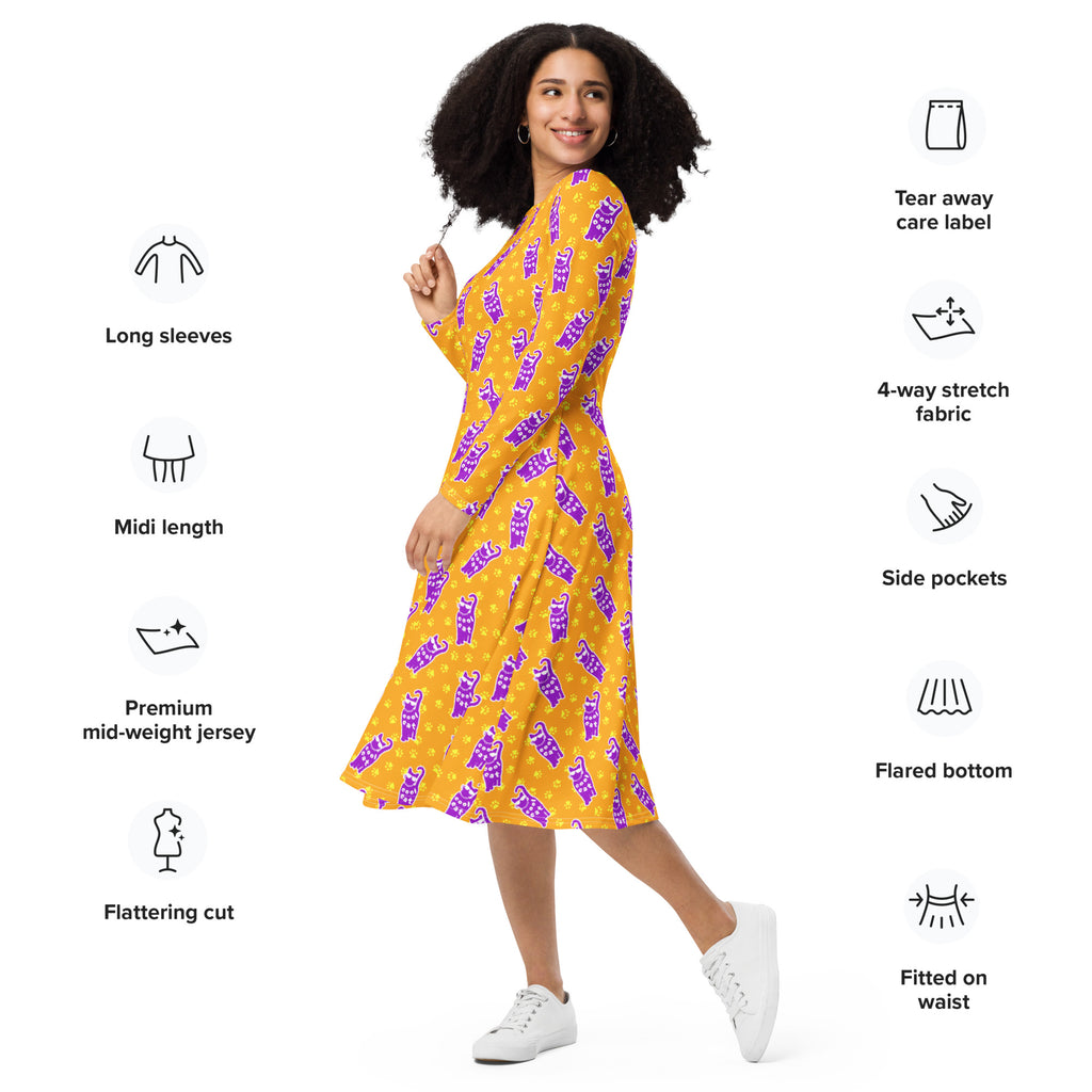 Long Sleeve Pocket Flare Dress - 'Cool Cat'