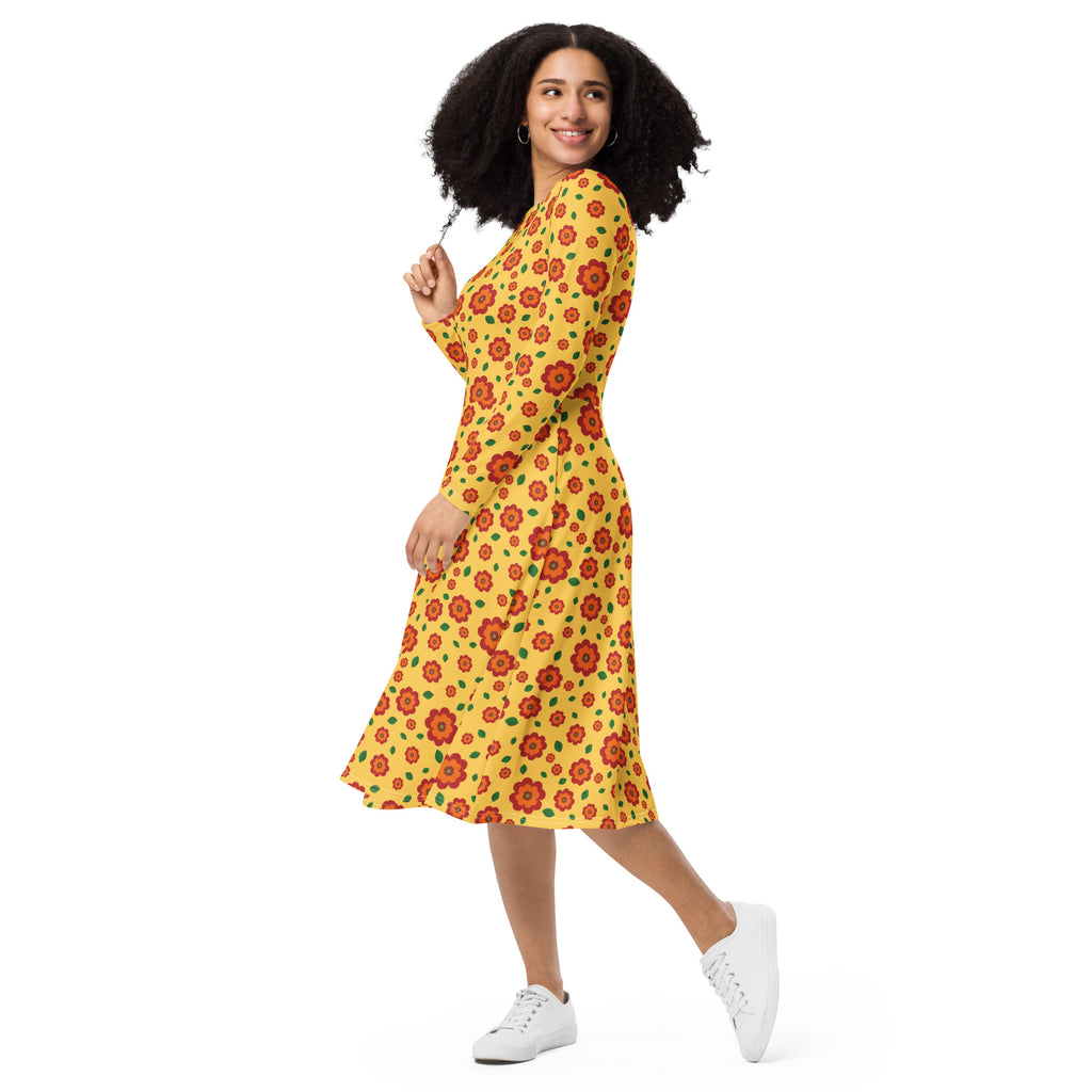 Long Sleeve Pocket Flare Dress - 'Petal Pop'