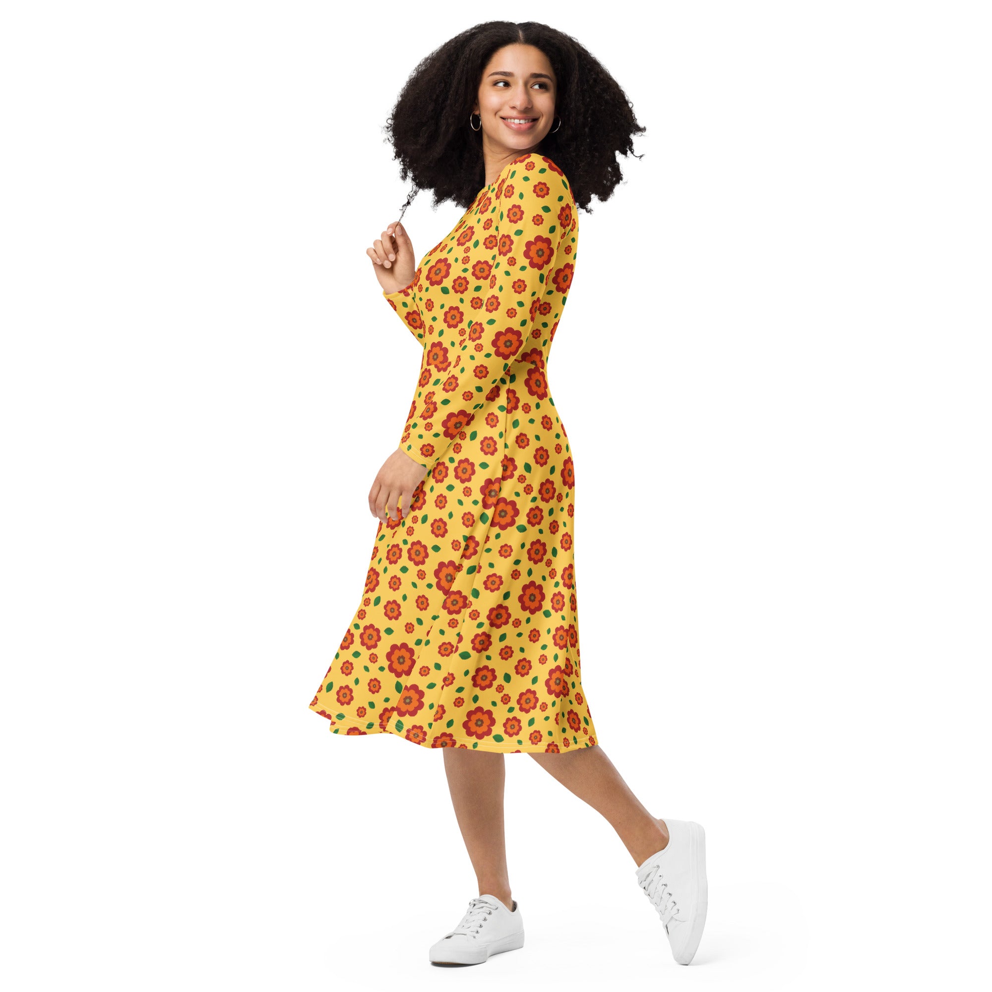 Long Sleeve Pocket Flare Dress - 'Petal Pop'