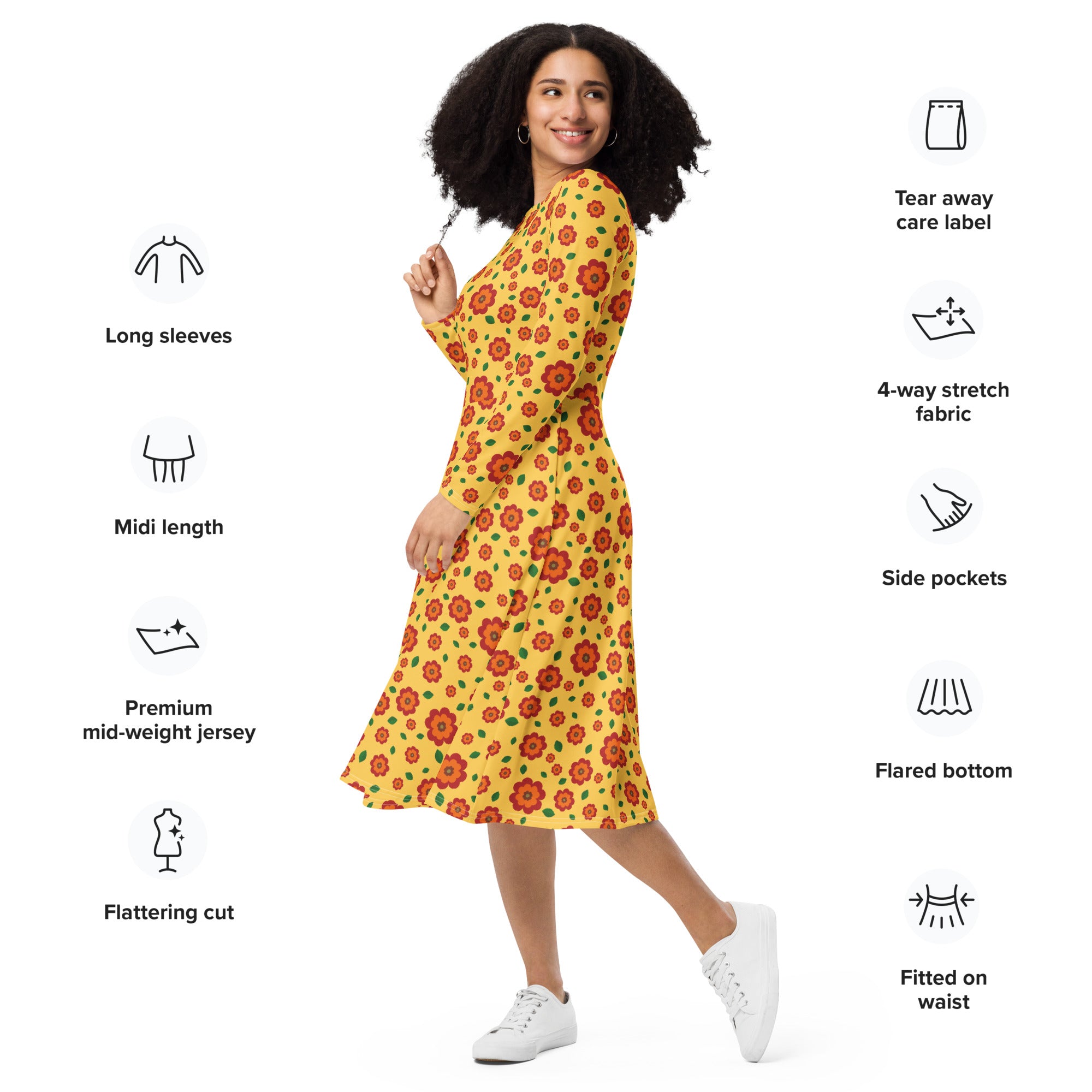 Long Sleeve Pocket Flare Dress - 'Petal Pop'