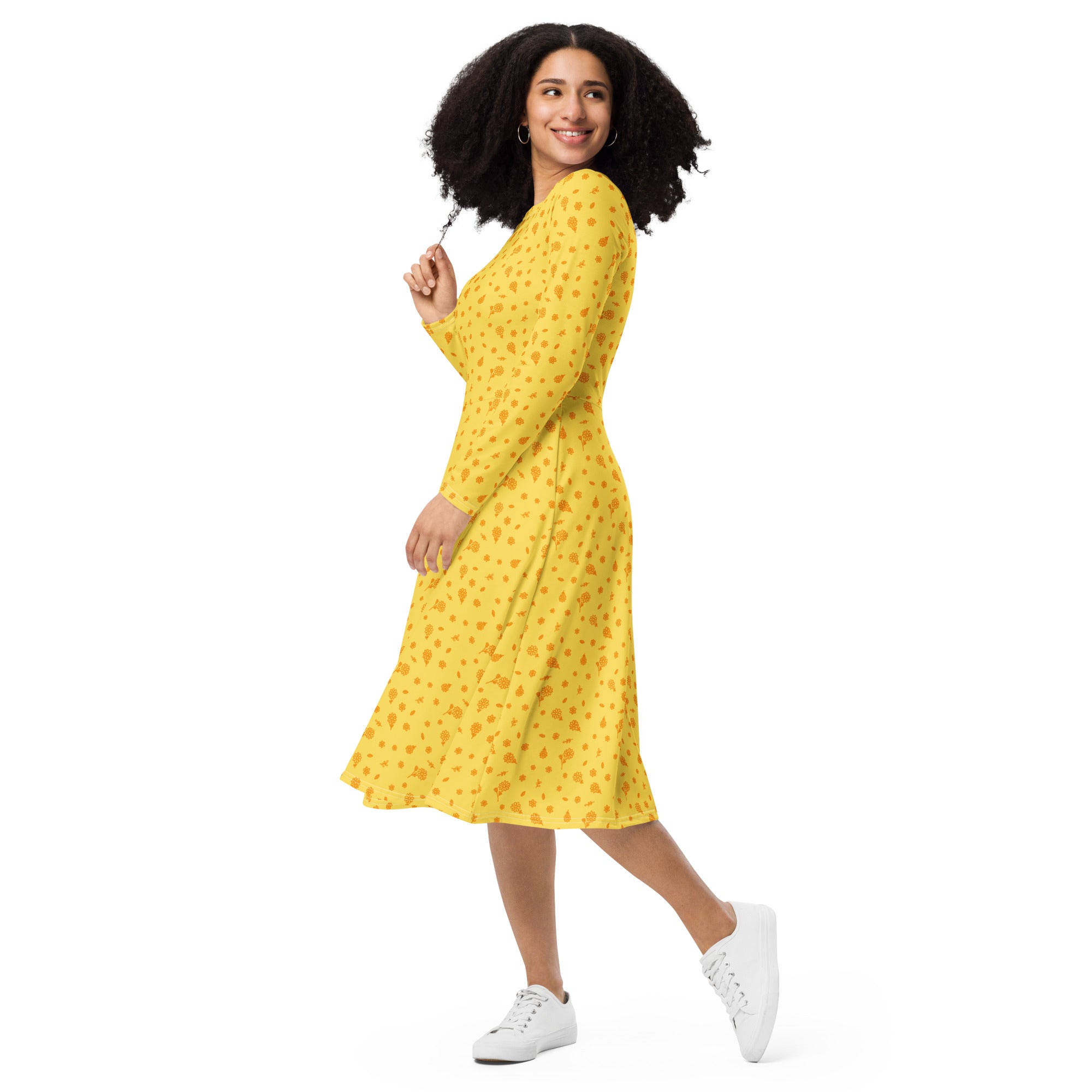 Long Sleeve Pocket Flare Dress - 'Itsy Bitsy Daisy (Marigold)'