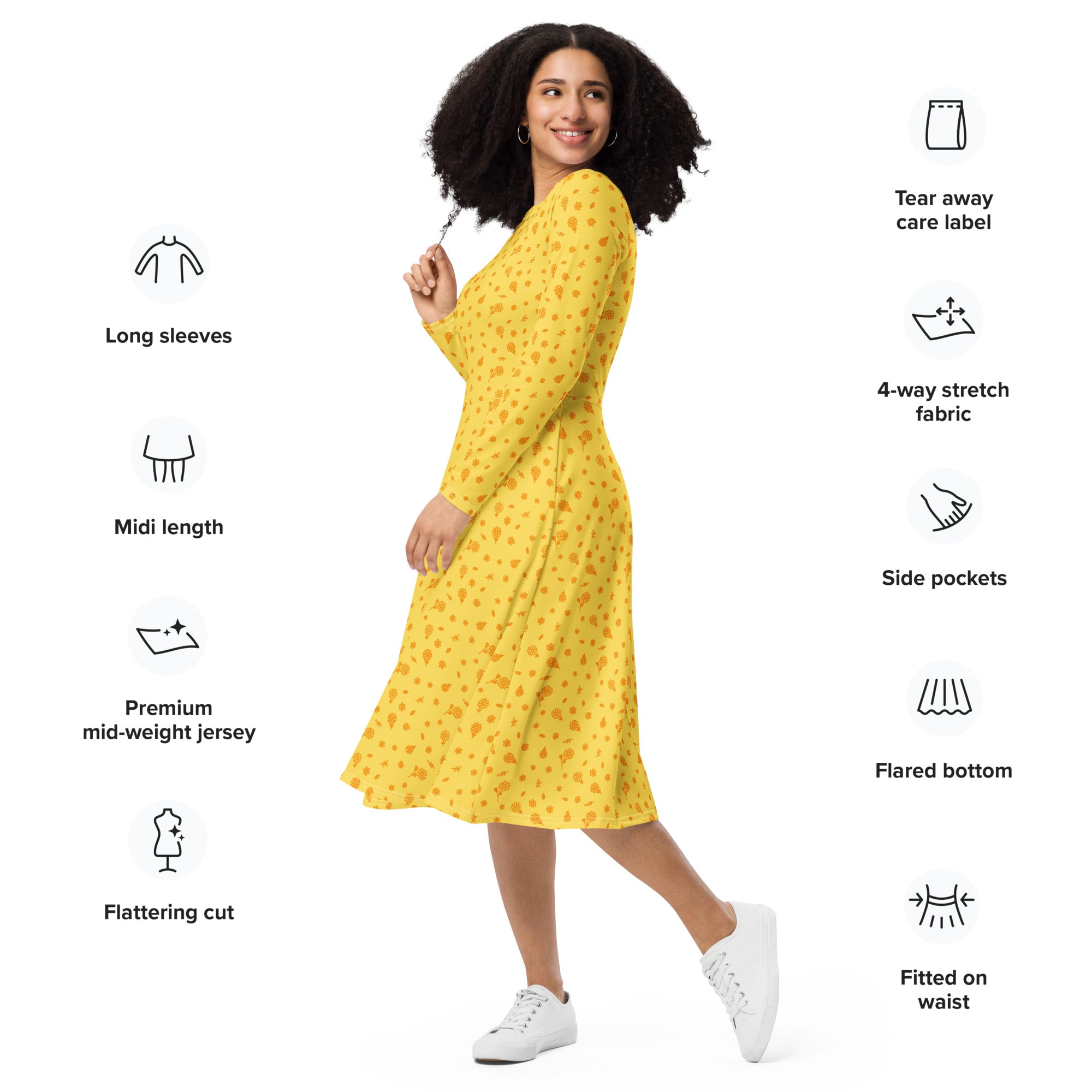 Long Sleeve Pocket Flare Dress - 'Itsy Bitsy Daisy (Marigold)'