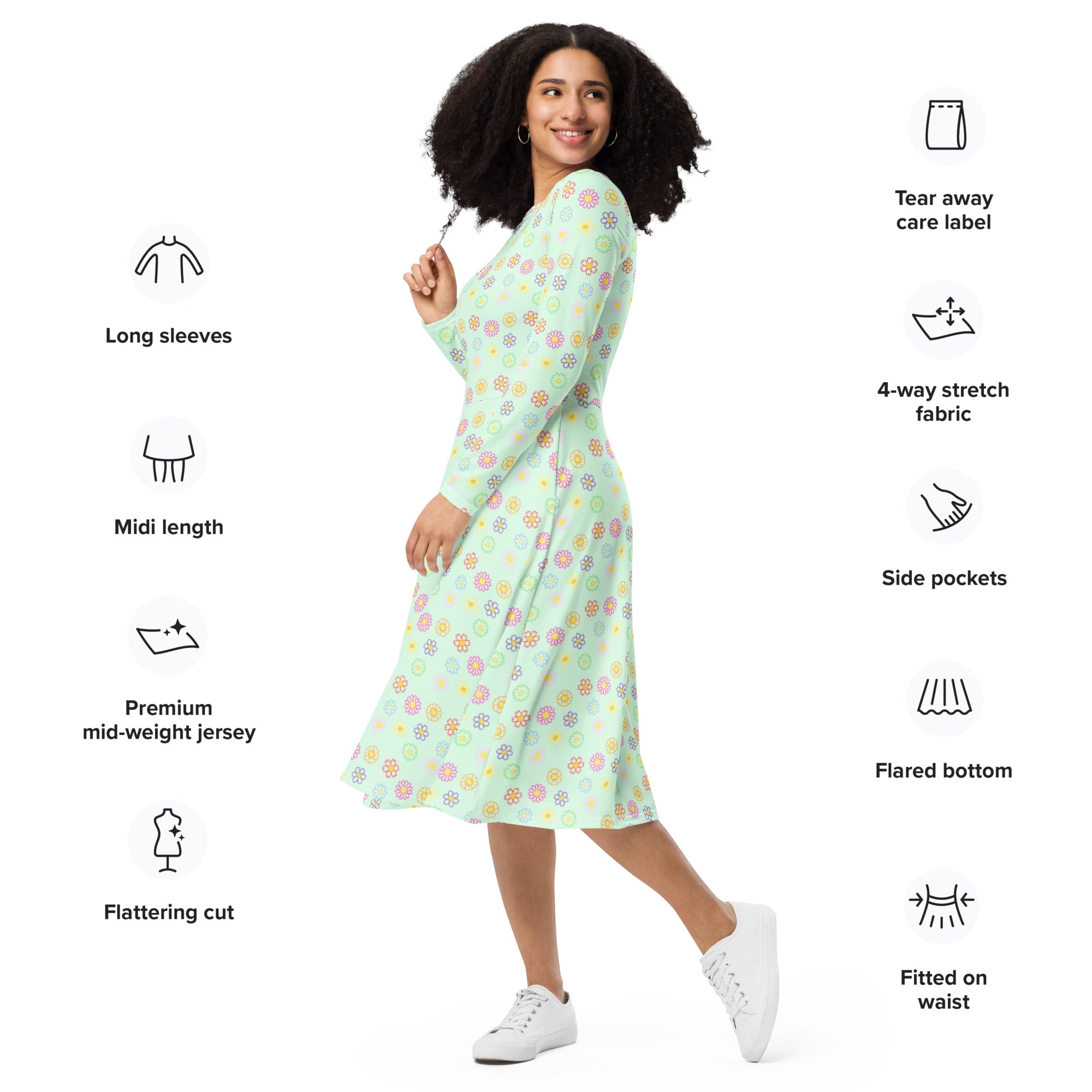 Long Sleeve Pocket Flare Dress - 'Feline Flowers'