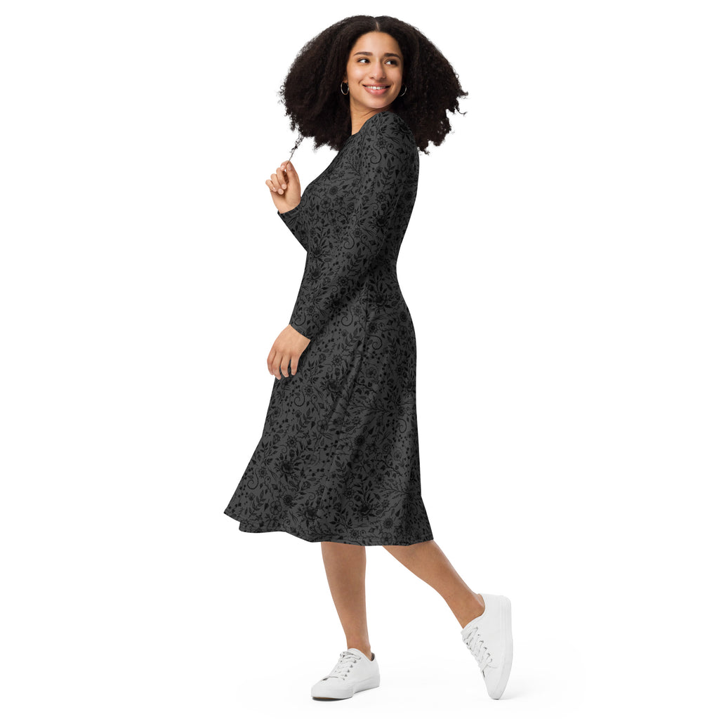 Long Sleeve Pocket Flare Dress - 'Gothic Garden (Black Version)'