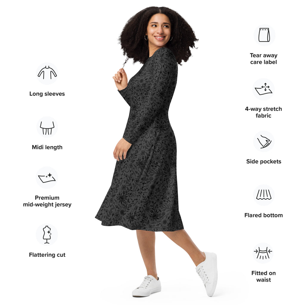 Long Sleeve Pocket Flare Dress - 'Gothic Garden (Black Version)'