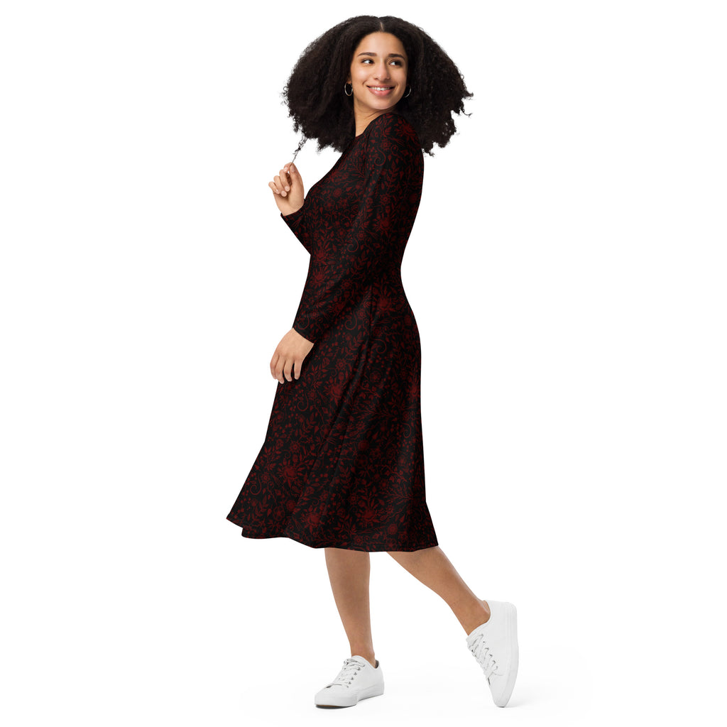 Long Sleeve Pocket Flare Dress - 'Gothic Garden (Red Version)'