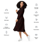 Long Sleeve Pocket Flare Dress - 'Gothic Garden (Red Version)'