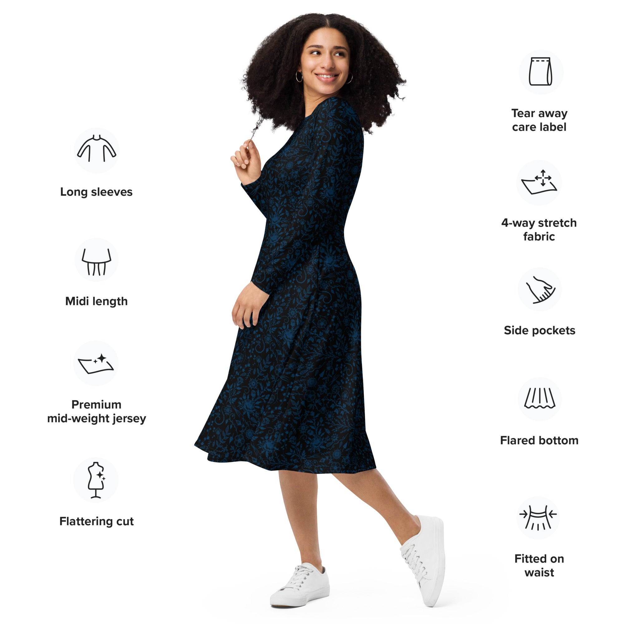 Long Sleeve Pocket Flare Dress - 'Gothic Garden (Blue Version)'