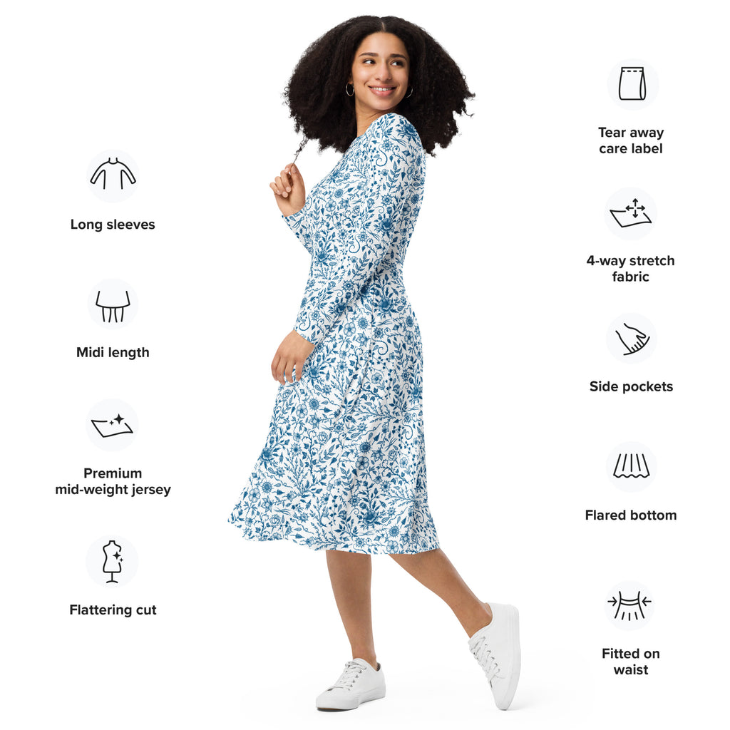 Long Sleeve Pocket Flare Dress - 'Gothic Garden (Bone China Version)'