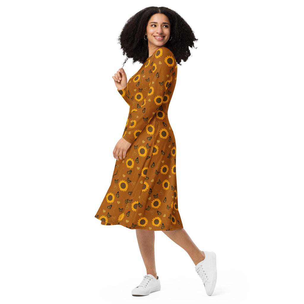 Long Sleeve Pocket Flare Dress - 'Sunflower Sparkle'