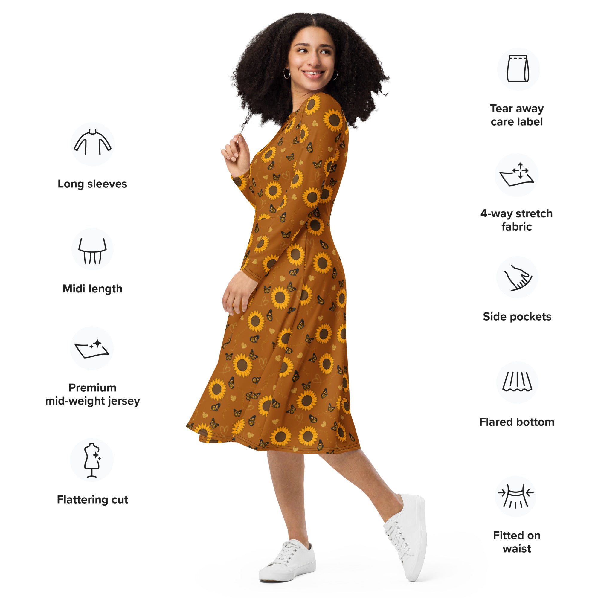 Long Sleeve Pocket Flare Dress - 'Sunflower Sparkle'