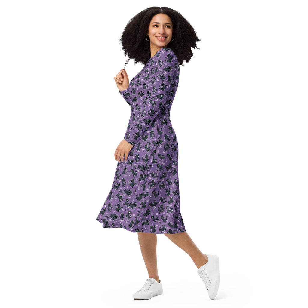 Long Sleeve Pocket Flare Dress - 'Purrple Playtime'