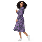 Long Sleeve Pocket Flare Dress - 'Purrple Playtime'