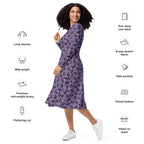 Long Sleeve Pocket Flare Dress - 'Purrple Playtime'