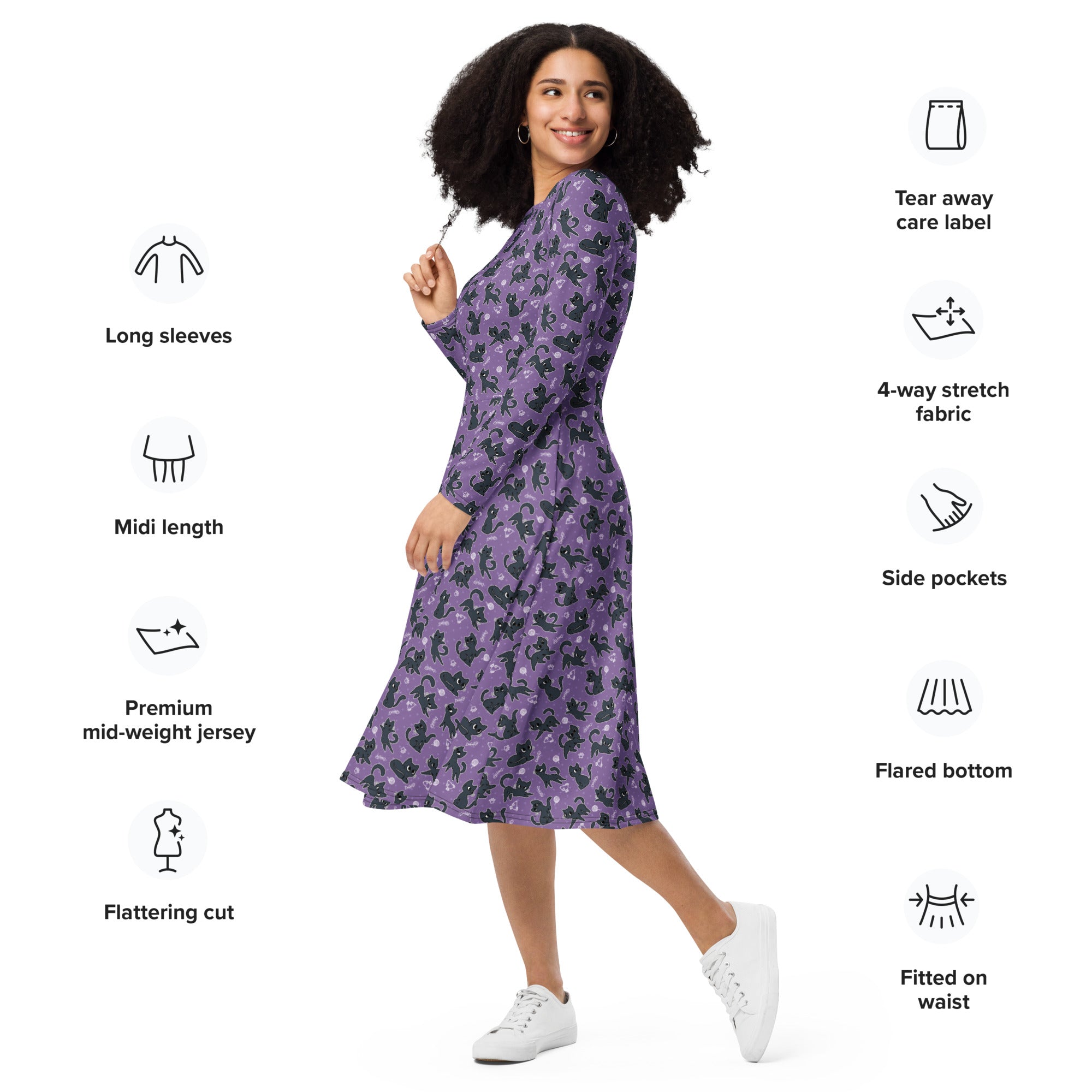 Long Sleeve Pocket Flare Dress - 'Purrple Playtime'