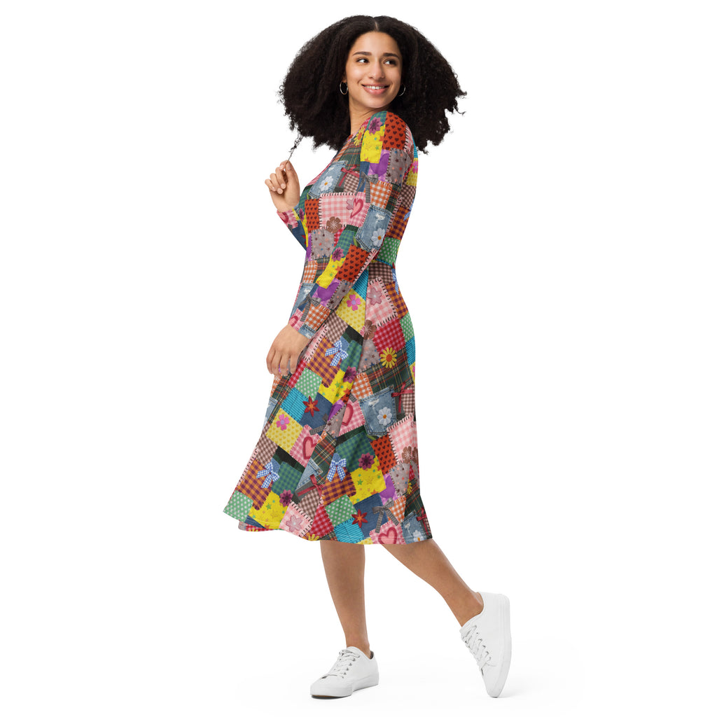 Long Sleeve Pocket Flare Dress - 'Perfect Patchwork'