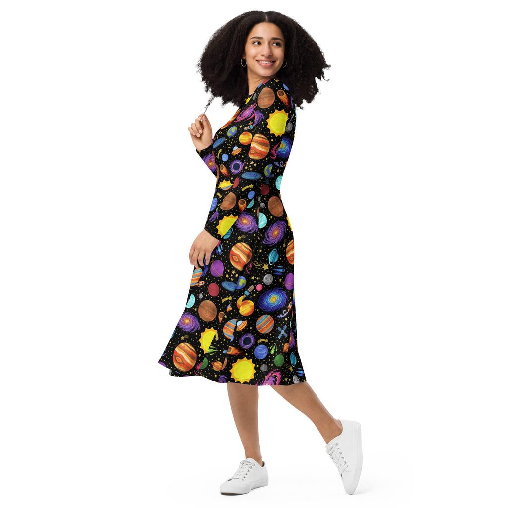 Long Sleeve Pocket Flare Dress - 'Glittering Galaxies' CUT-SEW