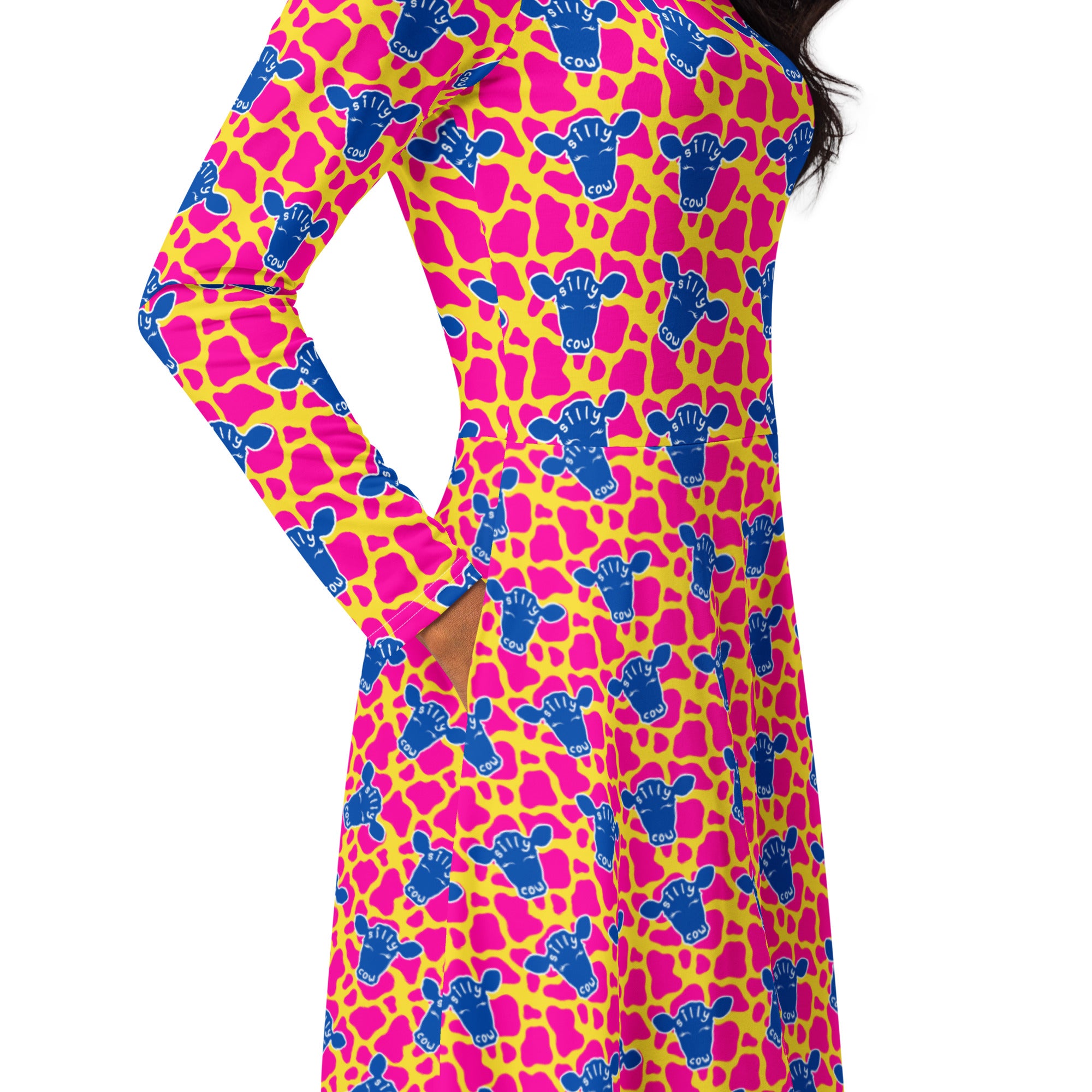 Long Sleeve Pocket Flare Dress - 'Silly Cow'
