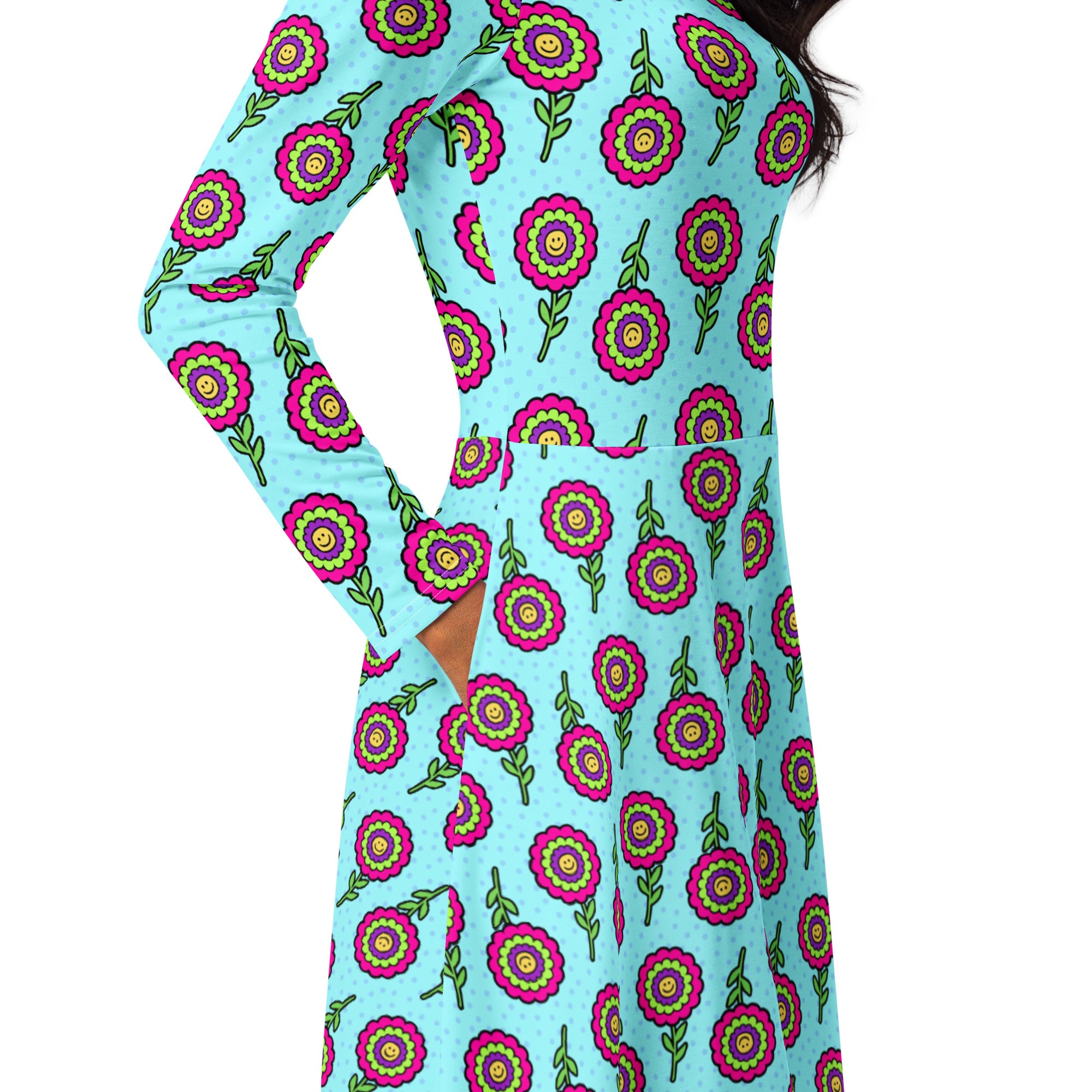 Long Sleeve Pocket Flare Dress - 'Blooming With Joy'