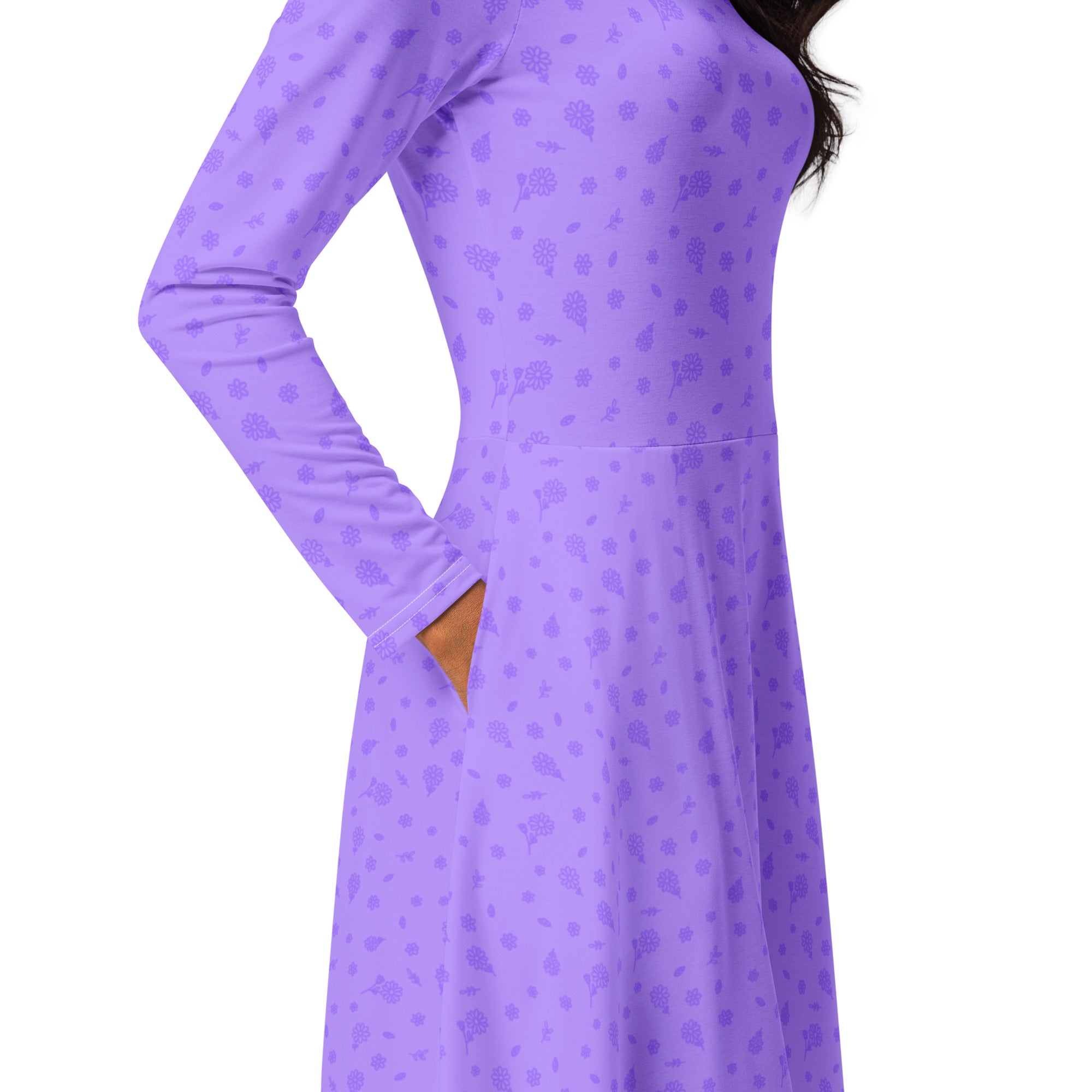 Long Sleeve Pocket Flare Dress - 'Itsy Bitsy Daisy (Lavender)'