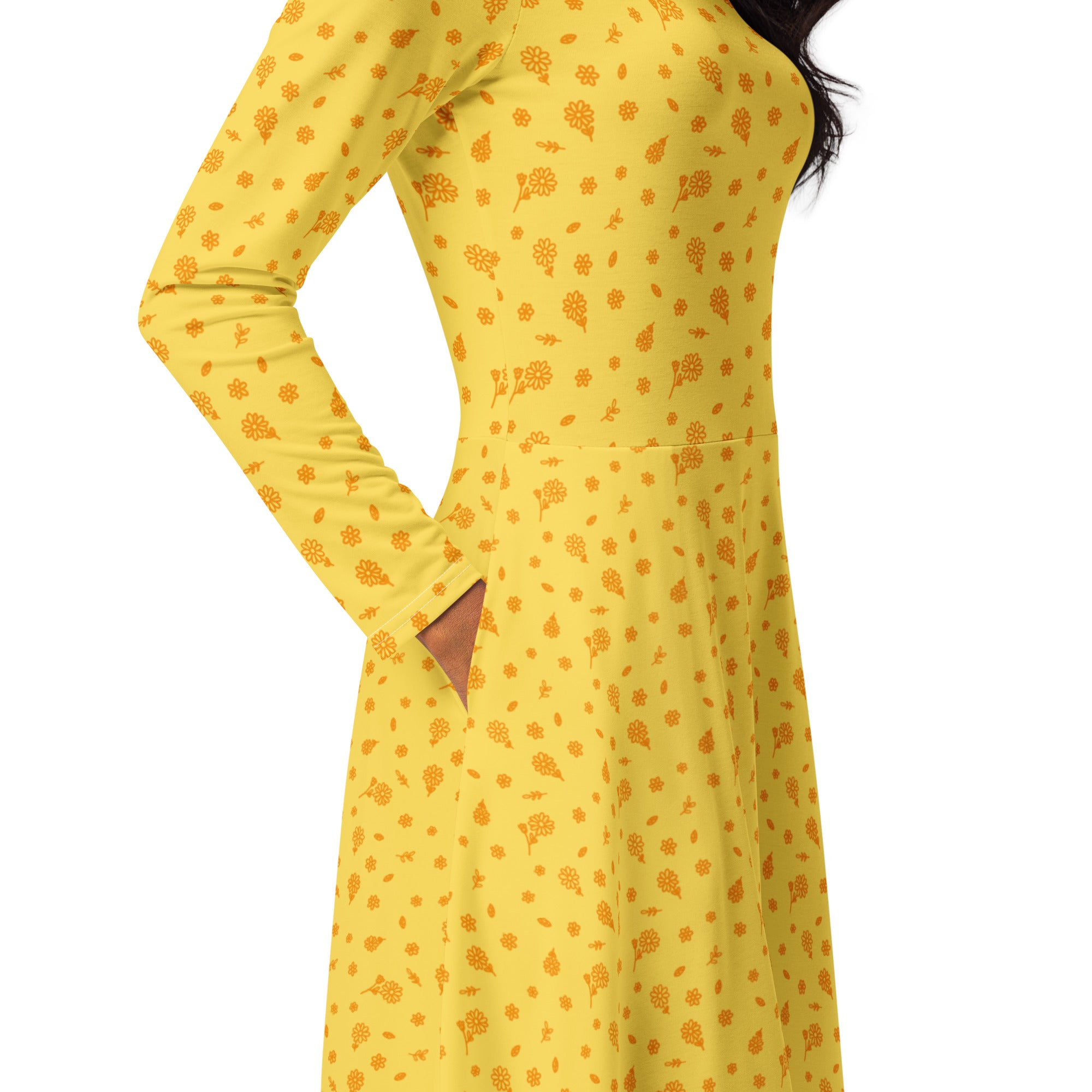 Long Sleeve Pocket Flare Dress - 'Itsy Bitsy Daisy (Marigold)'
