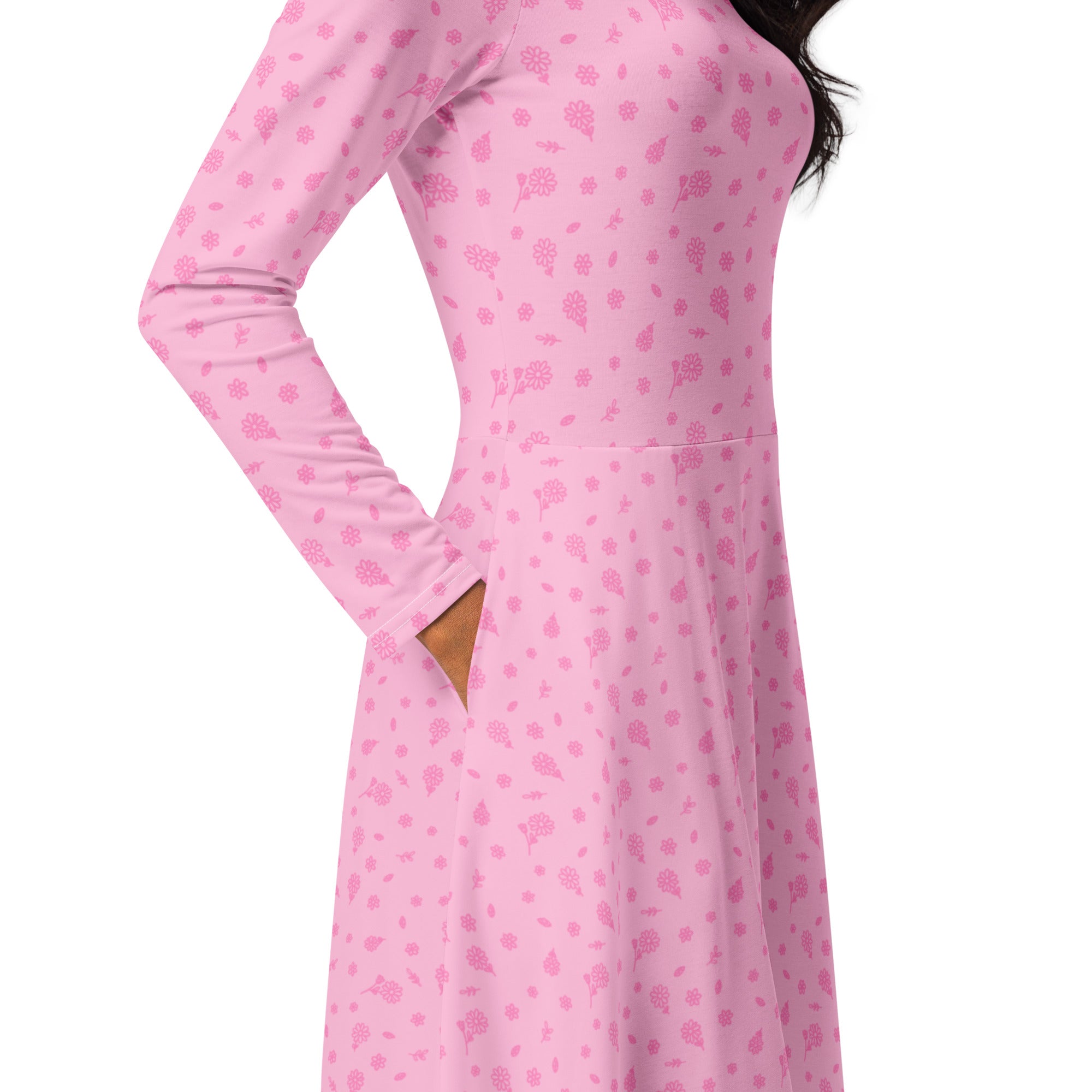 Long Sleeve Pocket Flare Dress - 'Itsy Bitsy Daisy (Rose)'