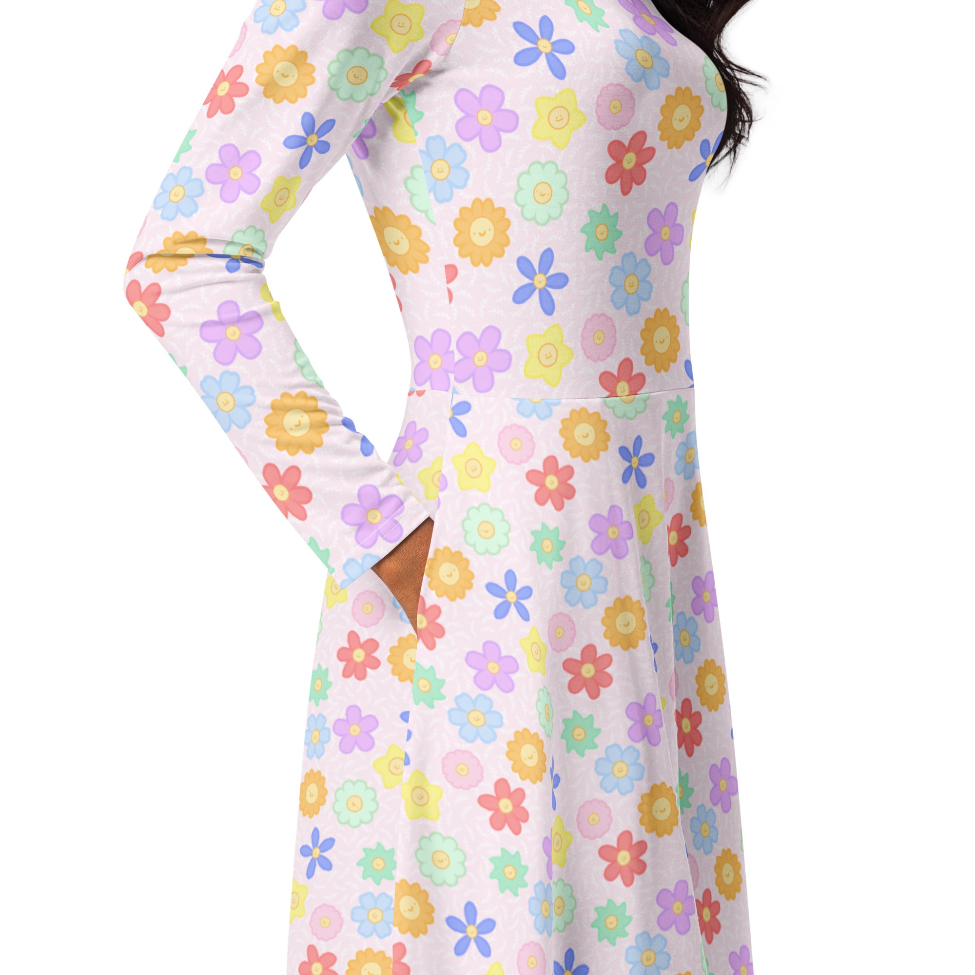 Long Sleeve Pocket Flare Dress - 'Positive Petals'