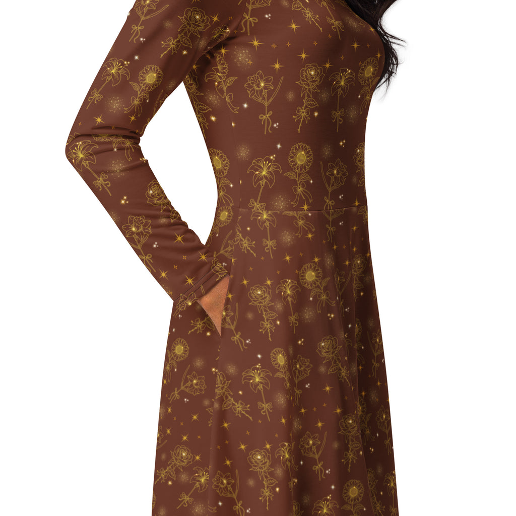 Long Sleeve Pocket Flare Dress - 'Golden Flower'