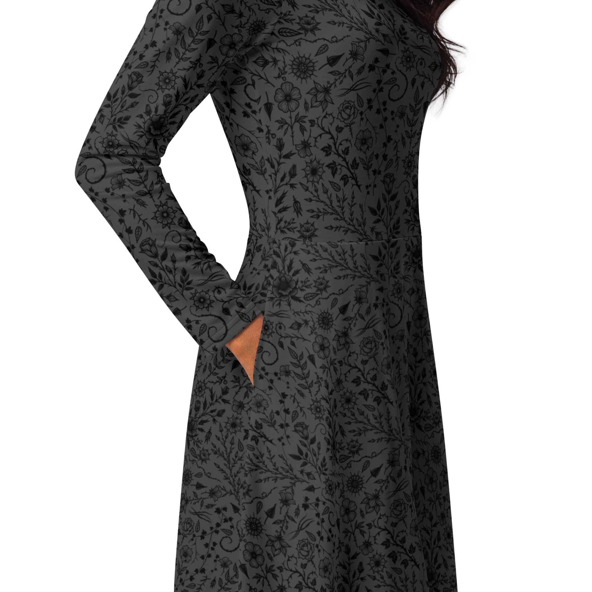 Long Sleeve Pocket Flare Dress - 'Gothic Garden (Black Version)'