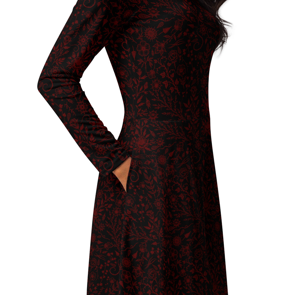 Long Sleeve Pocket Flare Dress - 'Gothic Garden (Red Version)'