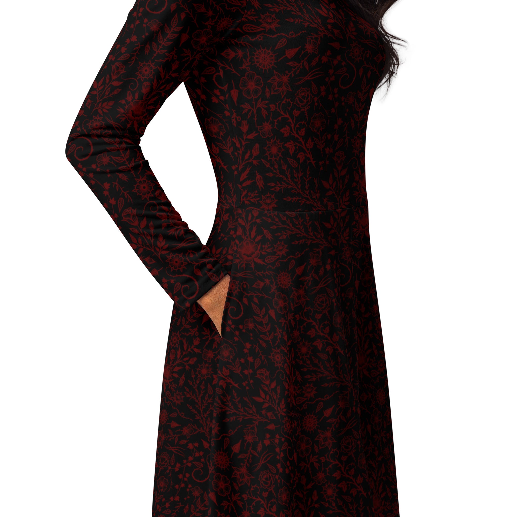 Long Sleeve Pocket Flare Dress - 'Gothic Garden (Red Version)'