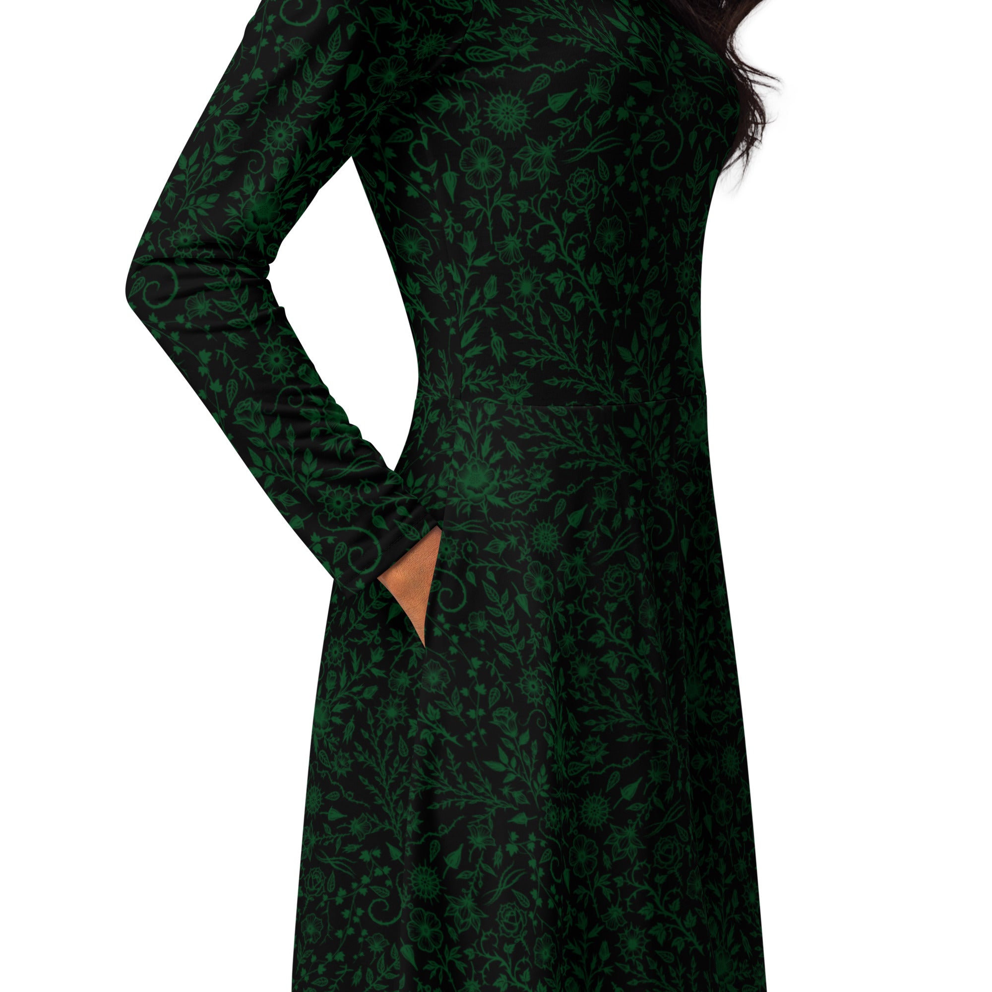 Long Sleeve Pocket Flare Dress - 'Gothic Garden (Green Version)'