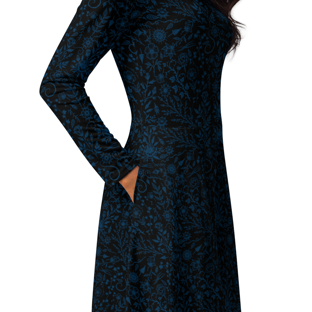 Long Sleeve Pocket Flare Dress - 'Gothic Garden (Blue Version)'