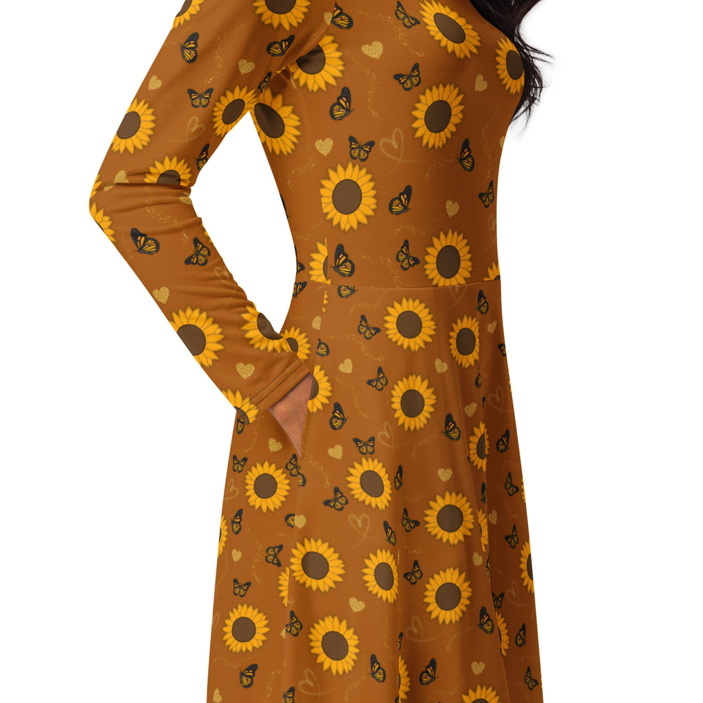 Long Sleeve Pocket Flare Dress - 'Sunflower Sparkle'