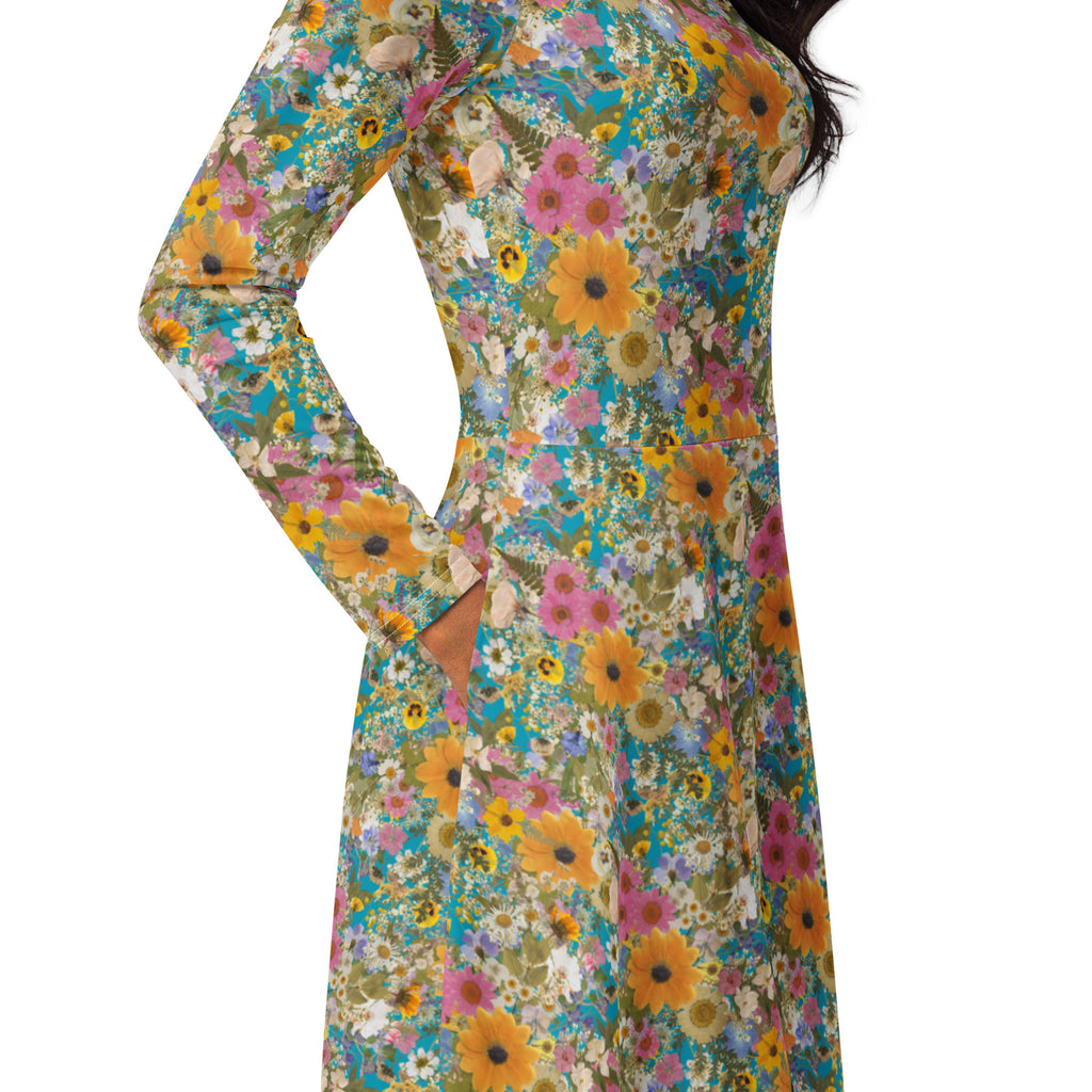 Long Sleeve Pocket Flare Dress - 'Pressed Flowers'