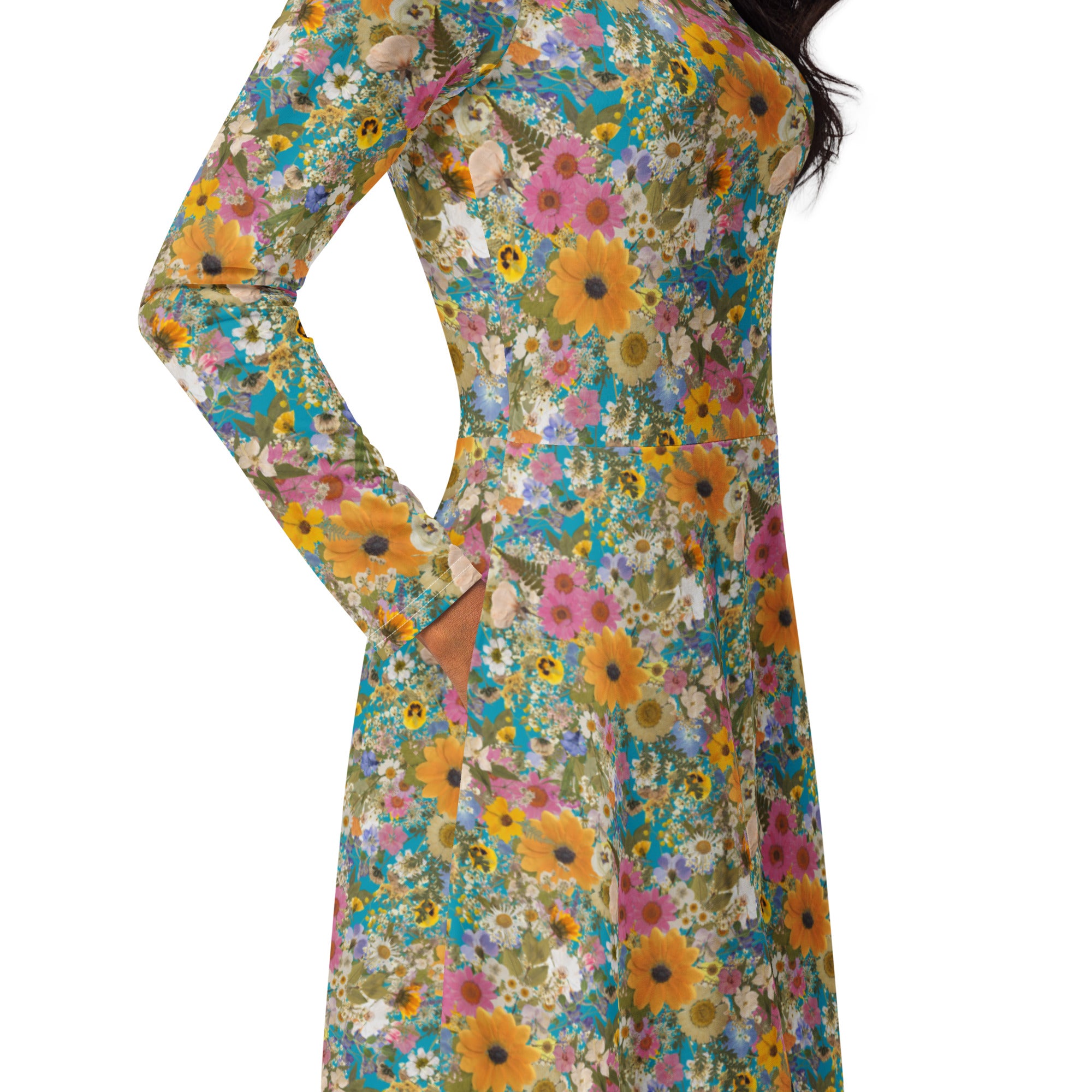 Long Sleeve Pocket Flare Dress - 'Pressed Flowers'