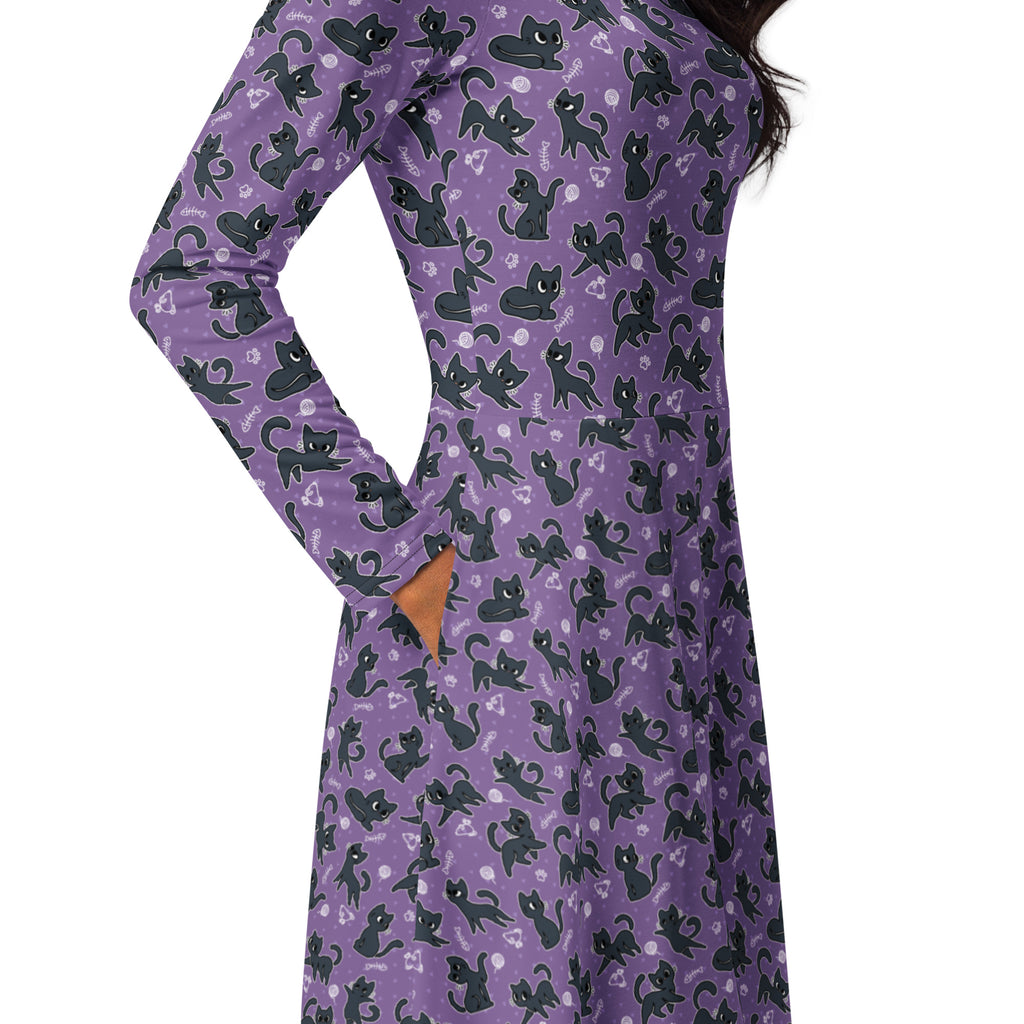 Long Sleeve Pocket Flare Dress - 'Purrple Playtime'