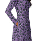Long Sleeve Pocket Flare Dress - 'Purrple Playtime'