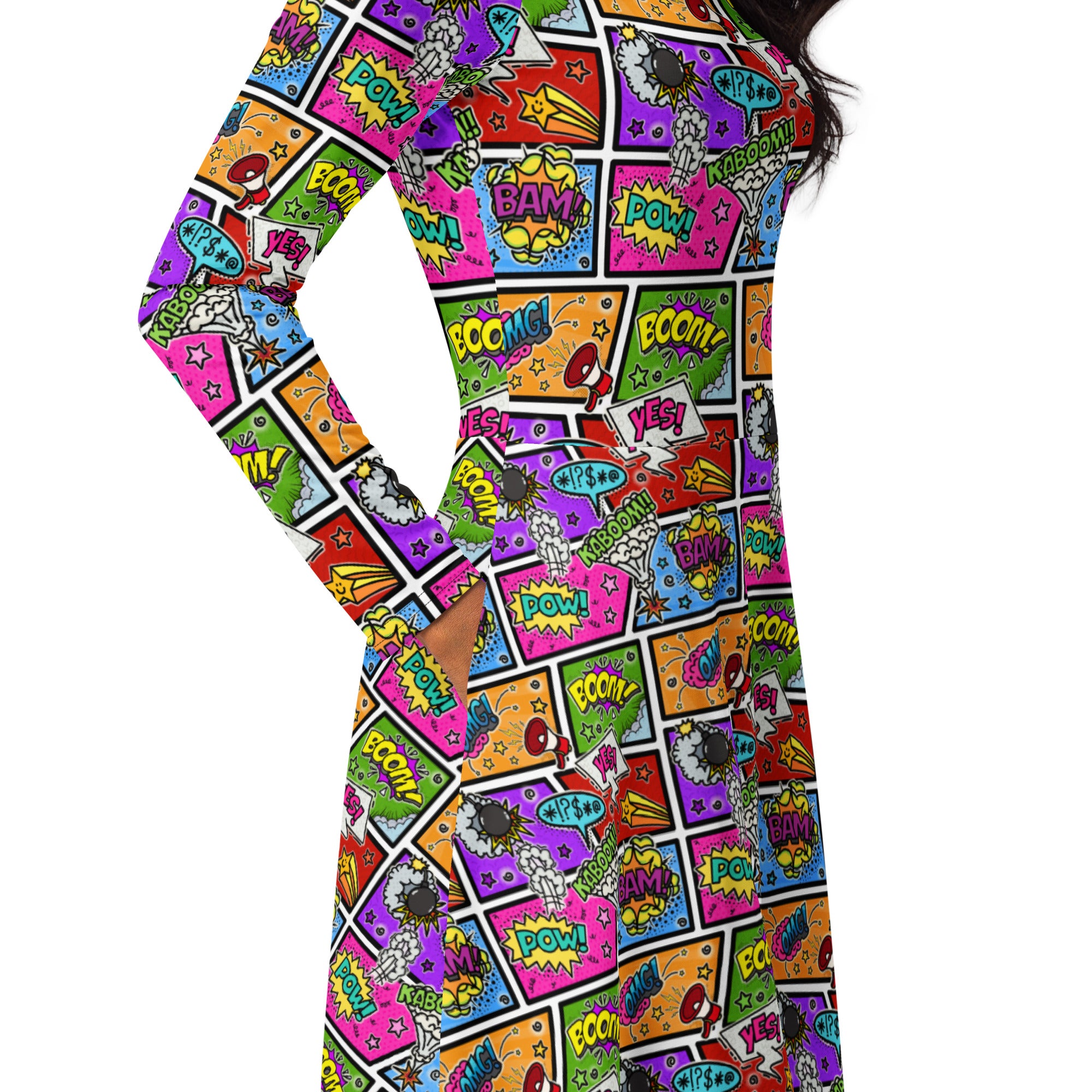 Long Sleeve Pocket Flare Dress - 'Comic Chaos'