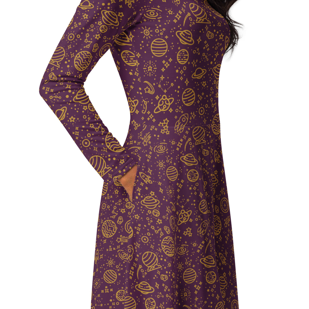 Long Sleeve Pocket Flare Dress - 'Galactic Gold'