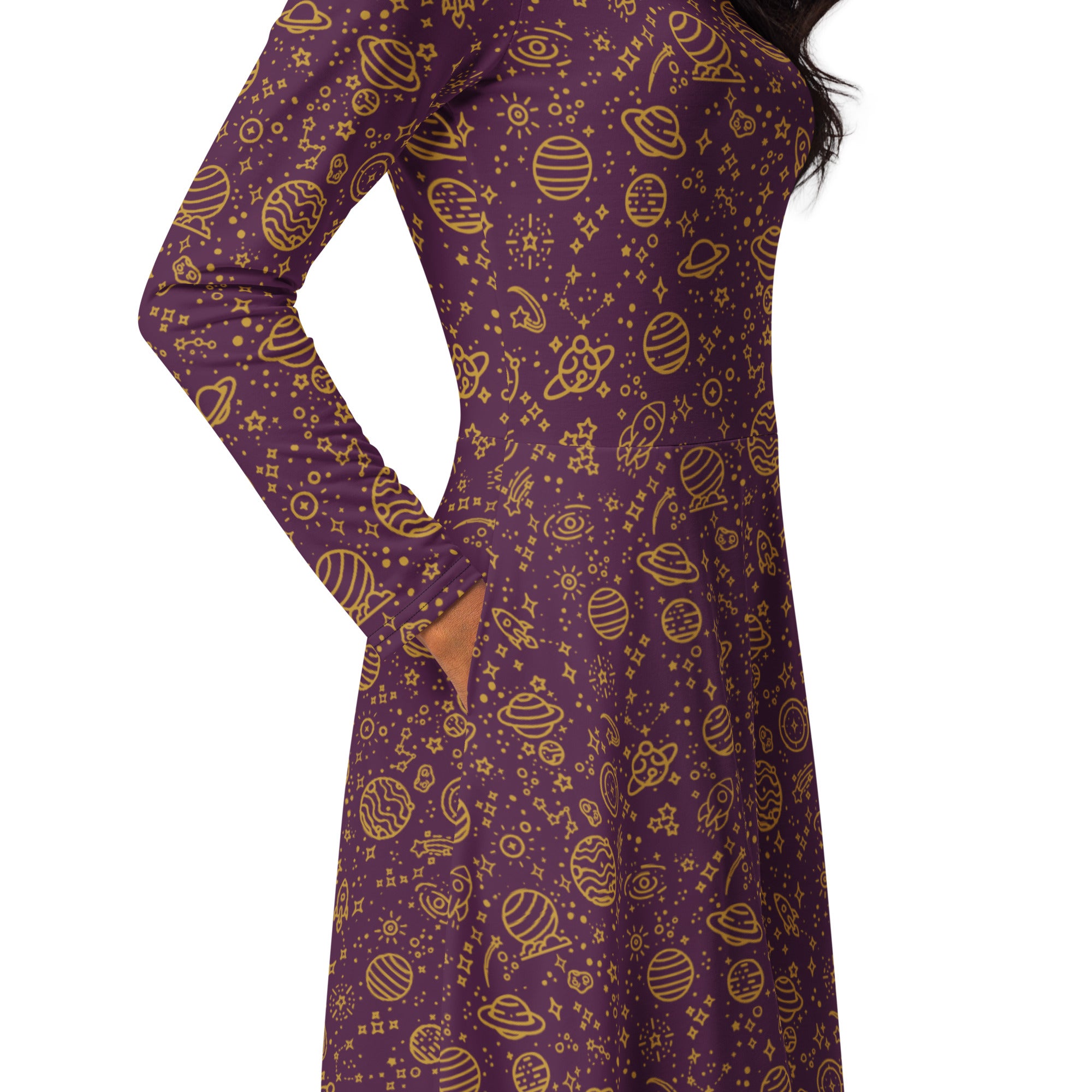 Long Sleeve Pocket Flare Dress - 'Galactic Gold'