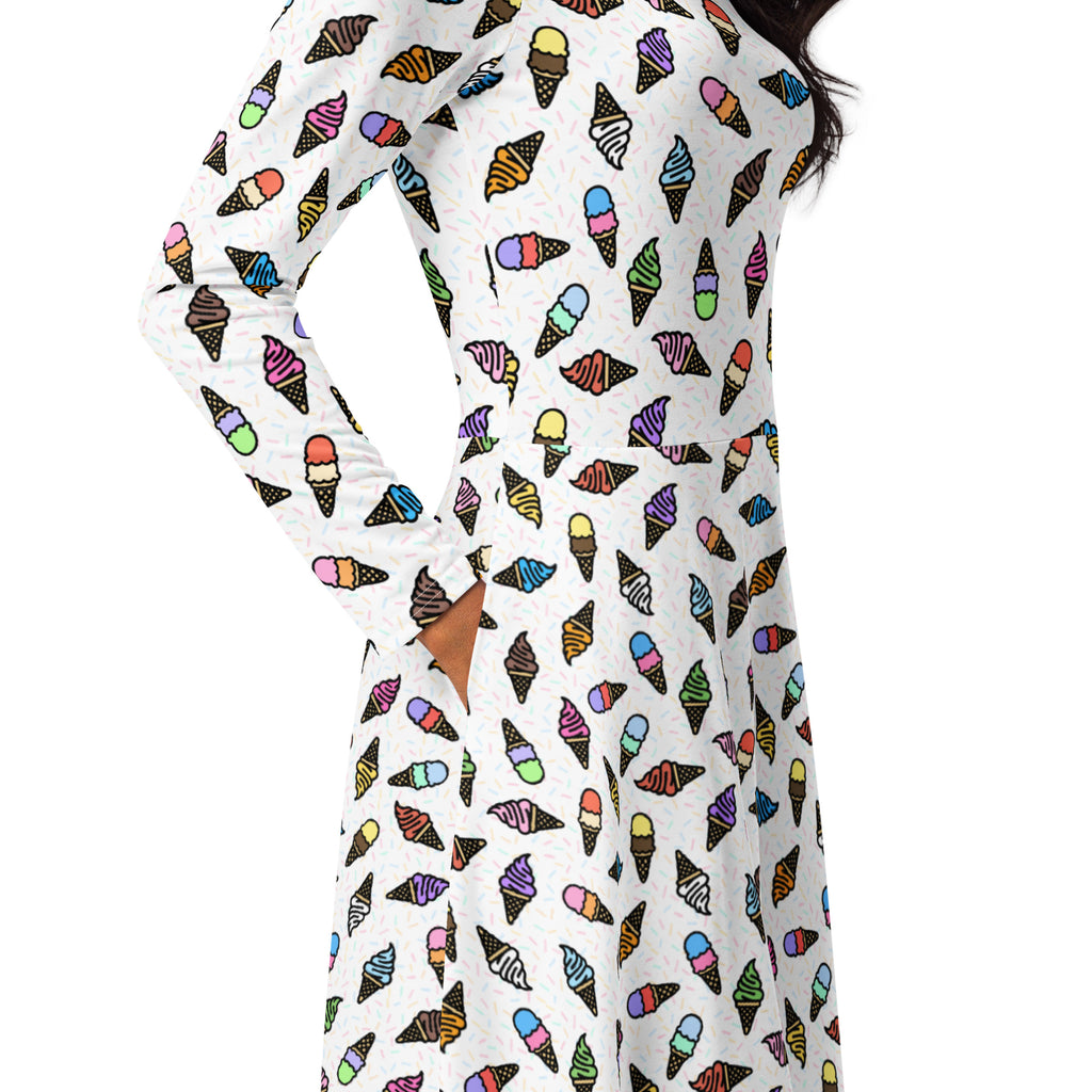 Long Sleeve Pocket Flare Dress - 'Ice Cream' Long Sleeve Dress