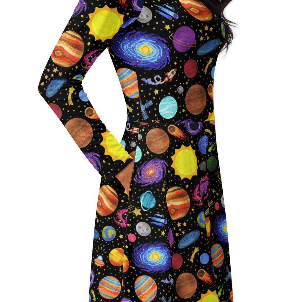 Long Sleeve Pocket Flare Dress - 'Glittering Galaxies' CUT-SEW
