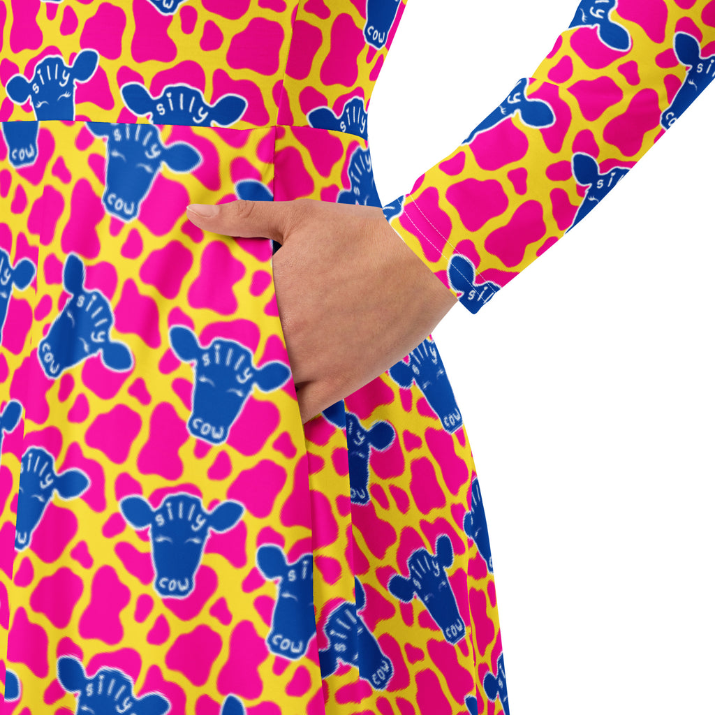 Long Sleeve Pocket Flare Dress - 'Silly Cow'