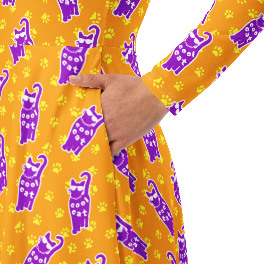 Long Sleeve Pocket Flare Dress - 'Cool Cat'