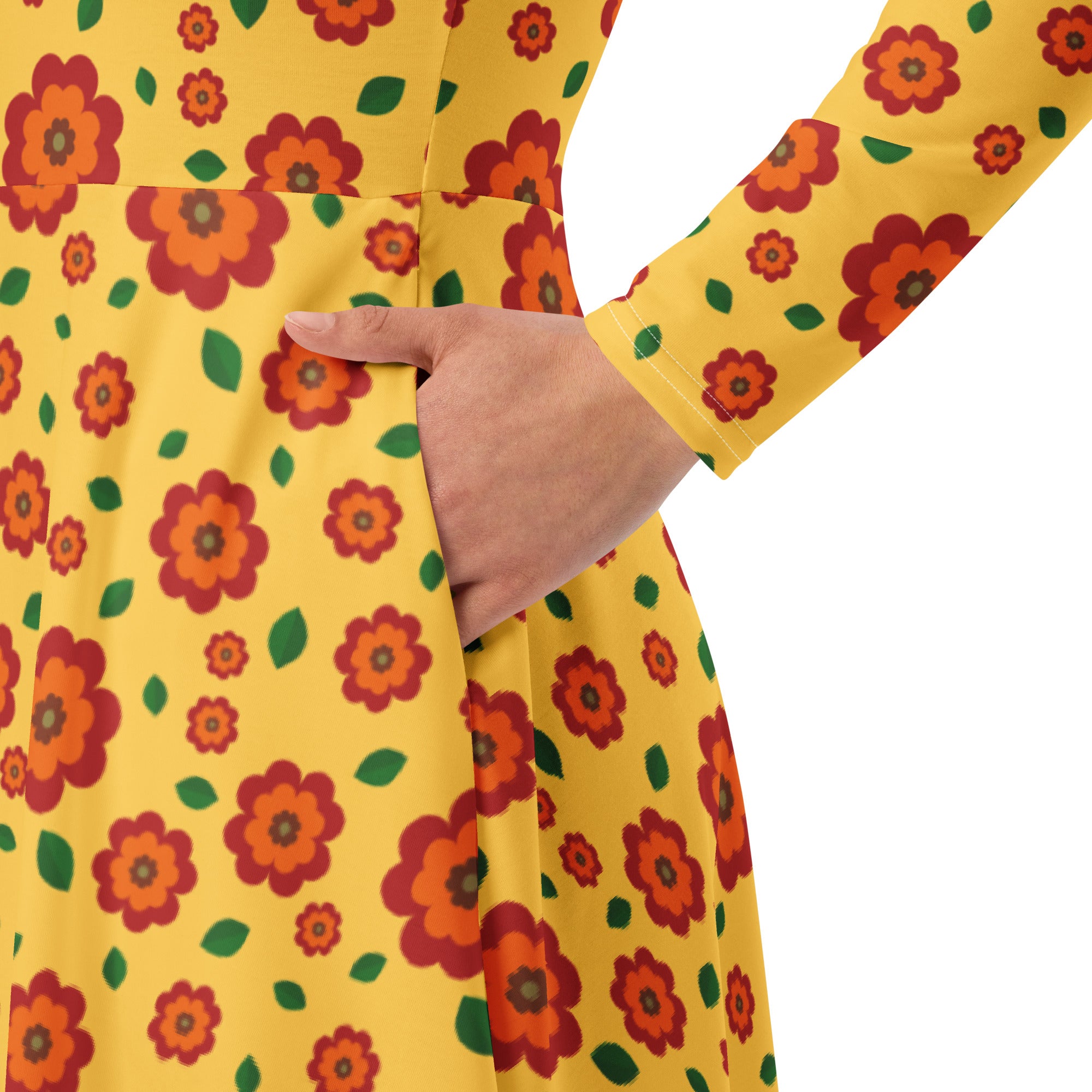 Long Sleeve Pocket Flare Dress - 'Petal Pop'