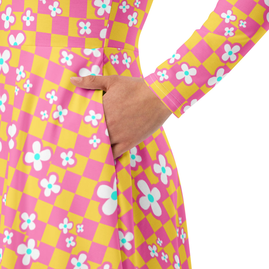 Long Sleeve Pocket Flare Dress - 'Floral Fruit Salad'